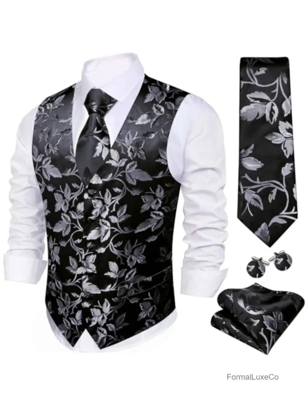 Men's Formal Vest 5-Piece Set with Jacquard Silk Tie, Pocket Square, Cufflinks,